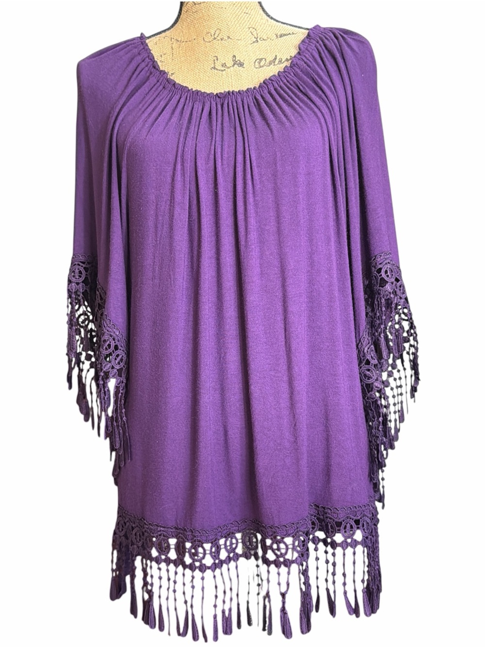 Sunny Leigh Purple Crochet-Fringe Trim Boho Tunic Top. EC. Size petite X-Large